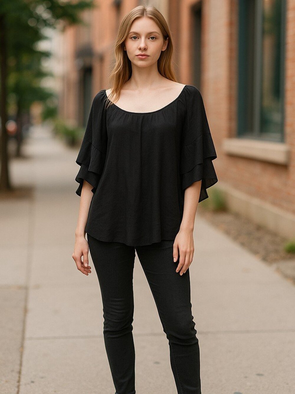 STUDIO 1886 Black Tiered Open Sleeve Pullover Peasant Top Ladies Large 12-14